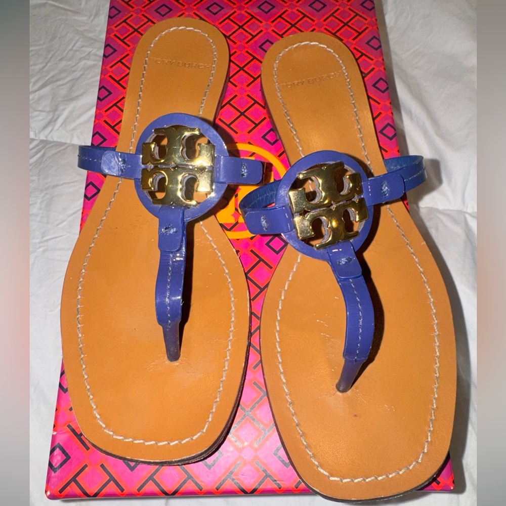 Tory Burch Blue Leather Logo Thong Sandals with Gold Hardware